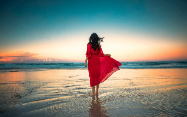 Woman red dress beach sunset #4 free wallpaper for desktop - medium preview image