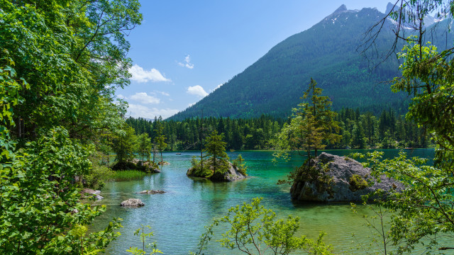 River trees mountains blue sky free wallpaper for desktop - medium preview image