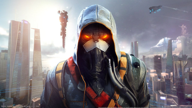 Man hooded gasmask futuristic city free wallpaper for desktop - medium preview image