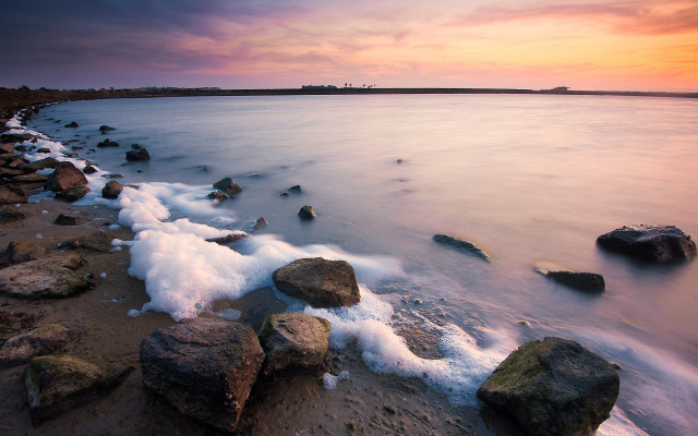 Beach rocks ice water sunset free wallpaper for desktop - medium preview image