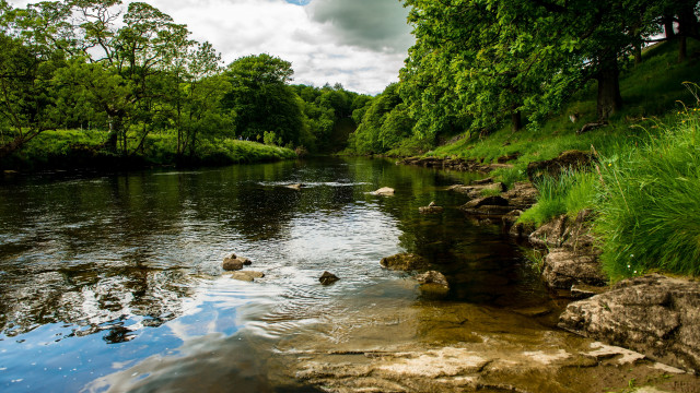 River rocks trees clouds nature free wallpaper for desktop - medium preview image