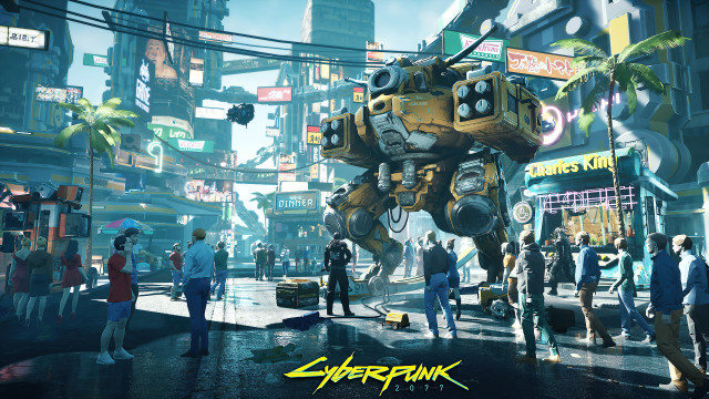 Giant robot city street cyberpunk free wallpaper for desktop - medium preview image