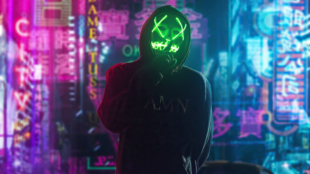 Neon mask cyberpunk cityscape hologram free wallpaper for desktop - medium preview image
