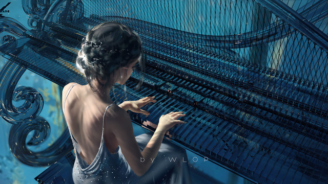 Woman playing piano blue room free wallpaper for desktop - medium preview image