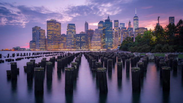 City skyline water dock precisionism free wallpaper for desktop - medium preview image