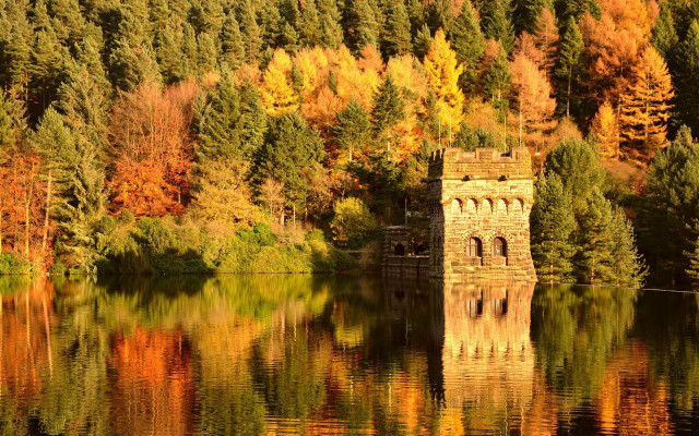 Castle lake fall trees impressionist free wallpaper for desktop - medium preview image