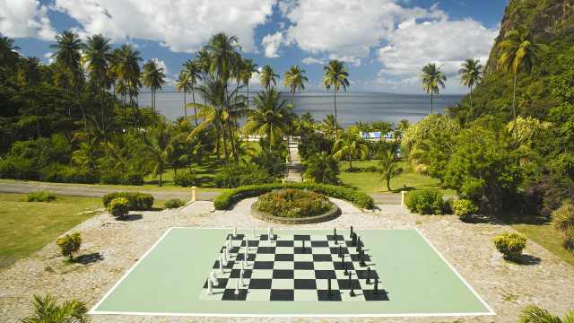 Large chessboard garden lake palm free wallpaper for desktop - medium preview image