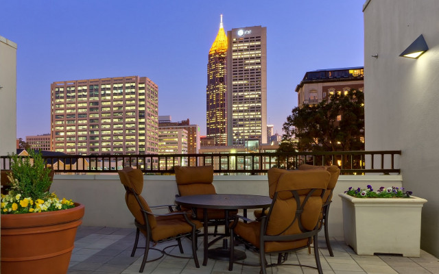 Balcony cityscape pottedplant table chairs free wallpaper for desktop - medium preview image