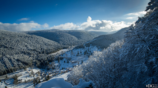 Snowy mountain valley forest blue free wallpaper for desktop - medium preview image