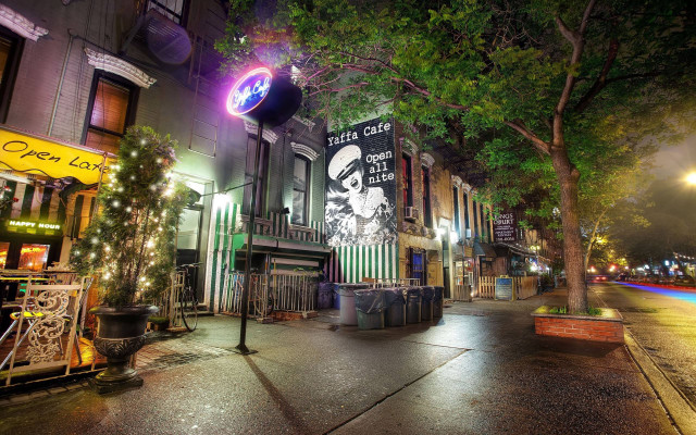 Street scene building streetlight night free wallpaper for desktop - medium preview image