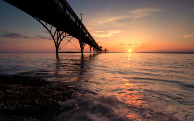 Pier sunset water bridge citylights free wallpaper for desktop - medium preview image