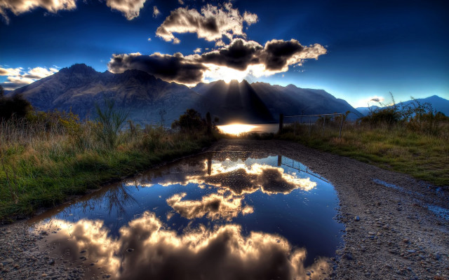 Road water clouds sunrays reflective free wallpaper for desktop - medium preview image