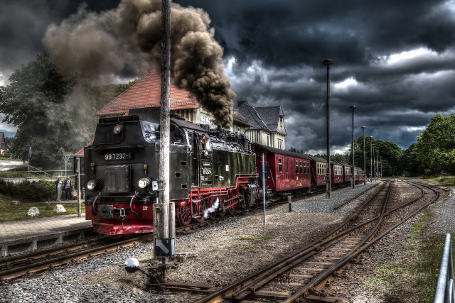 Red black train cityscape ruins free wallpaper for desktop - medium preview image
