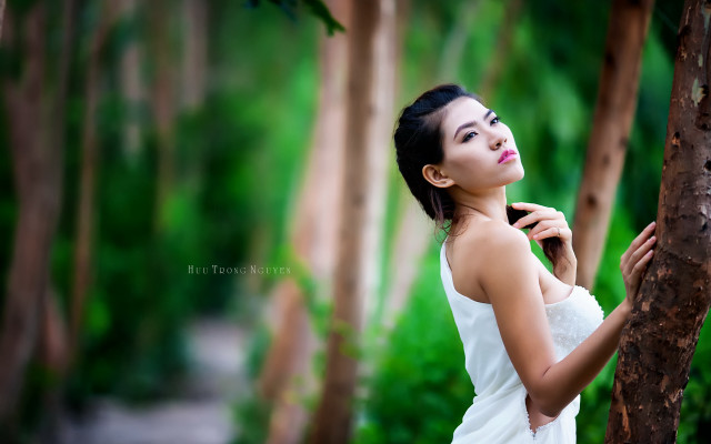 Woman white dress forest bokeh #2 free wallpaper for desktop - medium preview image