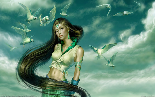 Long hair woman birds fantasy free wallpaper for desktop - medium preview image