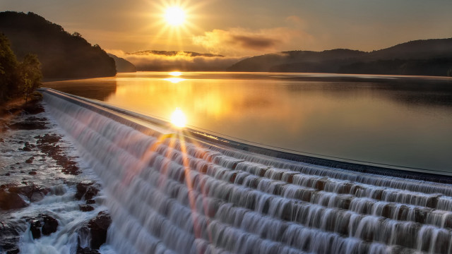 Waterfall sunset cityscape mountain river free wallpaper for desktop - medium preview image