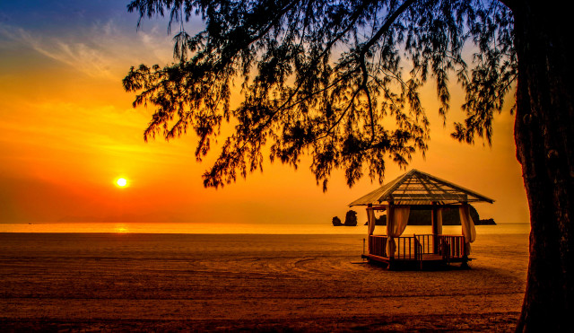Small gazebo beach sunset tree free wallpaper for desktop - medium preview image