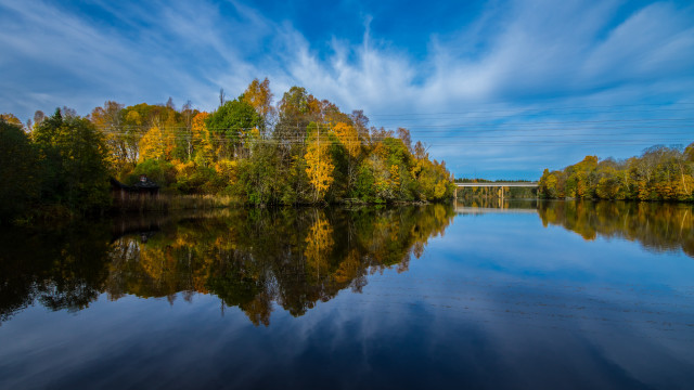 Lake bridge trees sky clouds free wallpaper for desktop - medium preview image