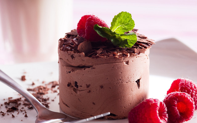 Chocolate cake raspberries spoon milk free wallpaper for desktop - medium preview image