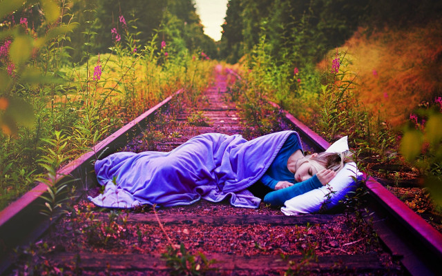 Woman traintrack blanket book surreal free wallpaper for desktop - medium preview image