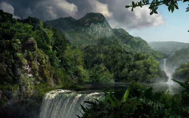 Waterfall forest matte painting nature free wallpaper for desktop - medium preview image