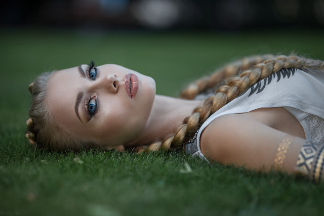 Girl braids lying grass dandelion free wallpaper for desktop - medium preview image