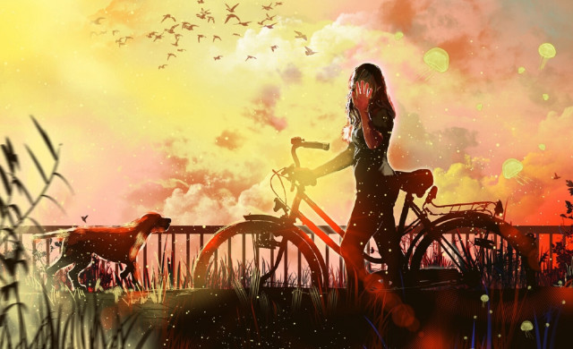 Woman bike dog bridge sunset free wallpaper for desktop - medium preview image