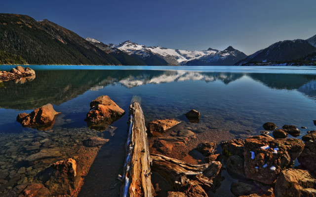 Lake mountains log sky water free wallpaper for desktop - medium preview image