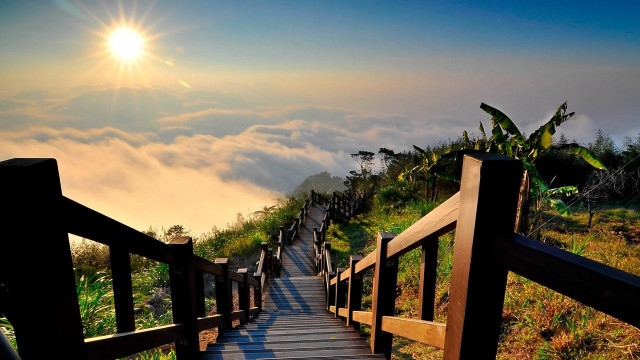 Wooden walkway mountain sunset sky free wallpaper for desktop - medium preview image