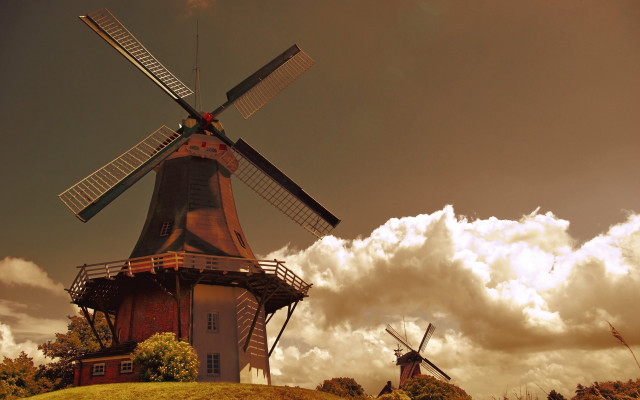 Windmill hill clouds redbuilding sunset free wallpaper for desktop - medium preview image