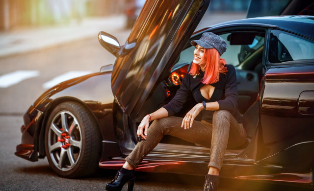 Woman sitting car fashion maximalism free wallpaper for desktop - medium preview image