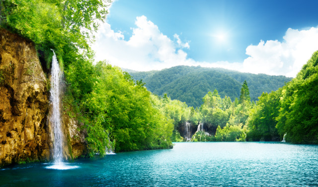 Waterfall lake trees mountains blue #3 free wallpaper for desktop - medium preview image