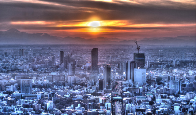 Cityscape sunset mountains cloudy sky free wallpaper for desktop - medium preview image