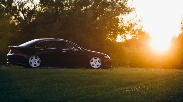 Black car field sunset forest free wallpaper for desktop - medium preview image