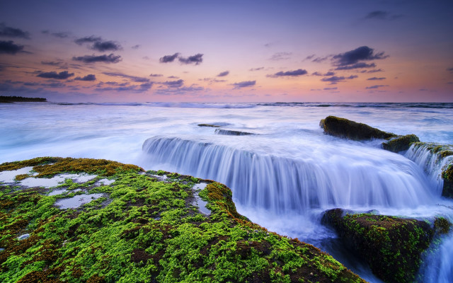 Waterfall mossy rocks purple sky free wallpaper for desktop - medium preview image