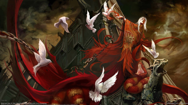 Red haired woman white birds free wallpaper for desktop - medium preview image