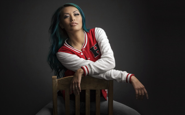 Blue haired woman chair crossed free wallpaper for desktop - medium preview image