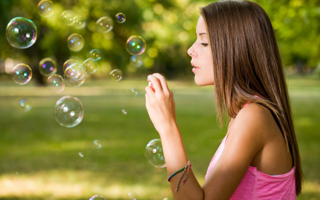 Girl bubbles park sunny trees free wallpaper for desktop - medium preview image