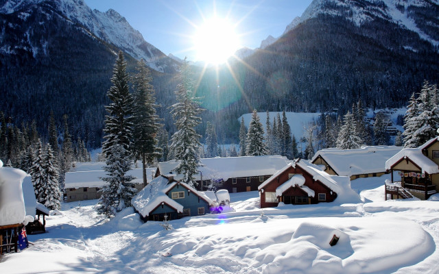 Snowy mountain village sunrise forest free wallpaper for desktop - medium preview image