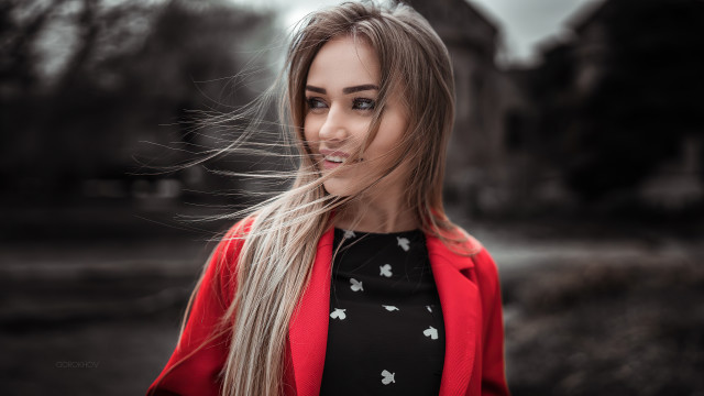 Woman longhair field redjacket portrait free wallpaper for desktop - medium preview image