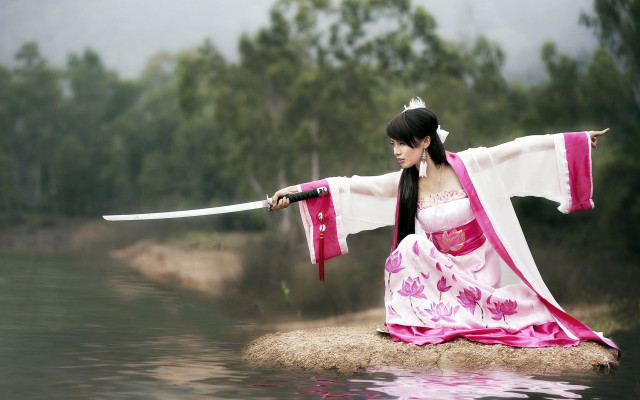 Woman kimono sword water forest free wallpaper for desktop - medium preview image