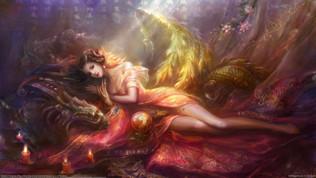 Woman red dress bed dragon free wallpaper for desktop - medium preview image