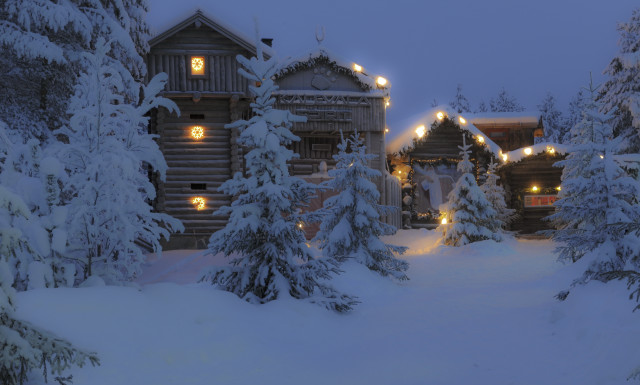 Snowy cabin trees lights night free wallpaper for desktop - medium preview image