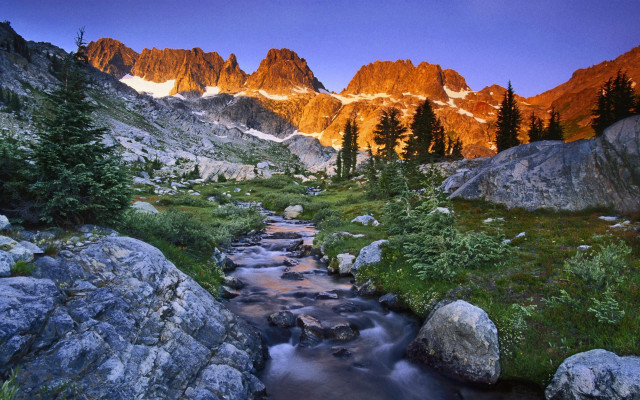 Lush forest stream mountains sunset free wallpaper for desktop - medium preview image