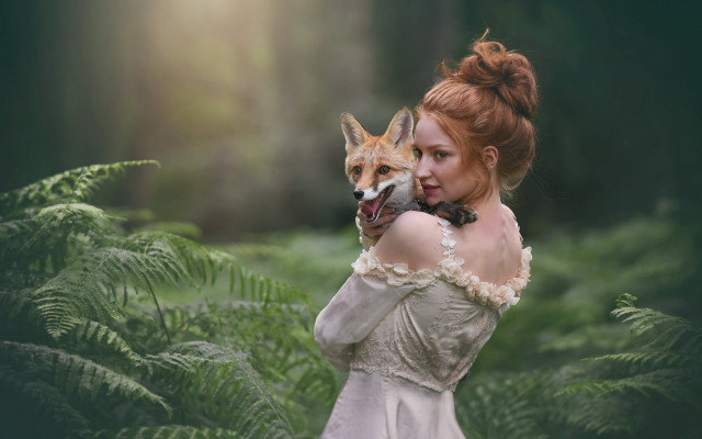 Woman white dress fox forest free wallpaper for desktop - medium preview image