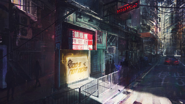 Cyberpunk street scene neon rain free wallpaper for desktop - medium preview image