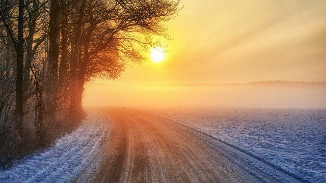 Snowy road mountain reflection orange free wallpaper for desktop - medium preview image