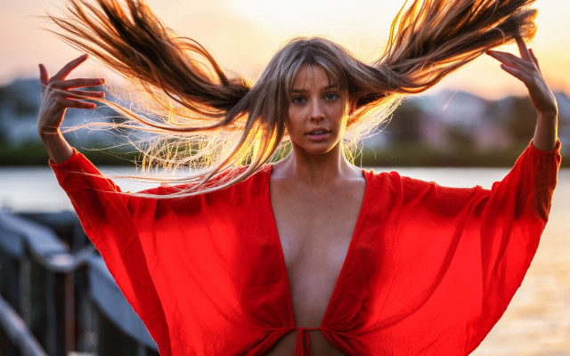 Woman longhair water outdoors outstretched free wallpaper for desktop - medium preview image