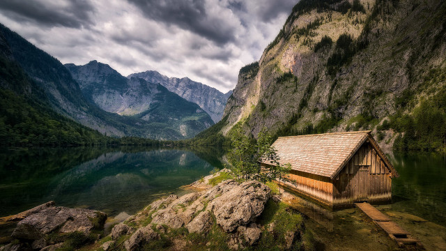 Cabin cliff lake mountains clouds free wallpaper for desktop - medium preview image