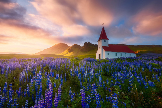 Church blueflowers sunset mountains puzzle free wallpaper for desktop - medium preview image